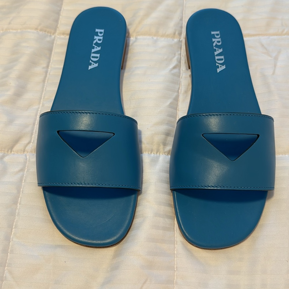 NEW Prada Cerulean blue leather logo slides sandals - Picture 2 of 5